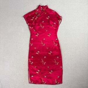 Vintage Peony Brand Shanghai China Red Floral Satin Cheongsam Qipao Dress